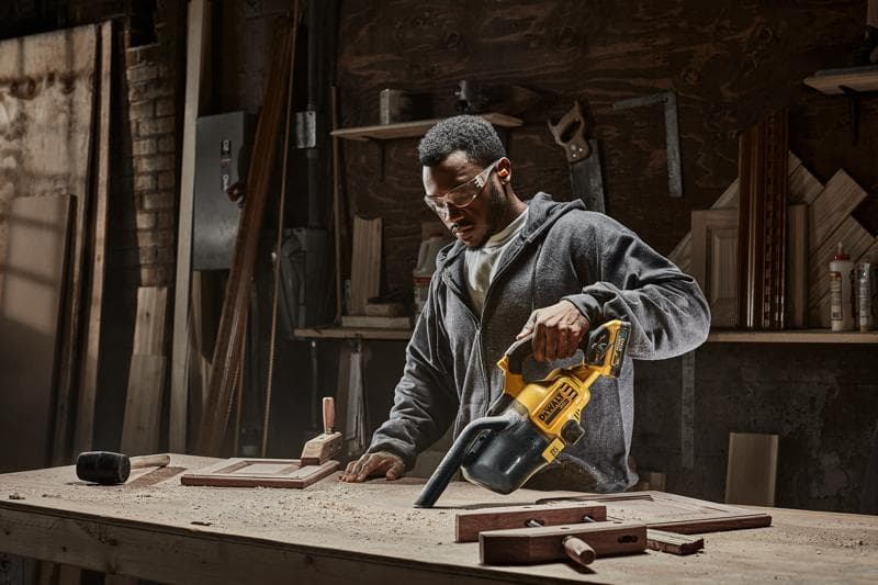Uma pessoa está usando um aspirador portátil DEWALT modelo DCV501HB para limpar serragem de uma bancada em uma oficina de marcenaria. Diversas ferramentas e peças de madeira são visíveis na mesa e nas prateleiras ao fundo.
